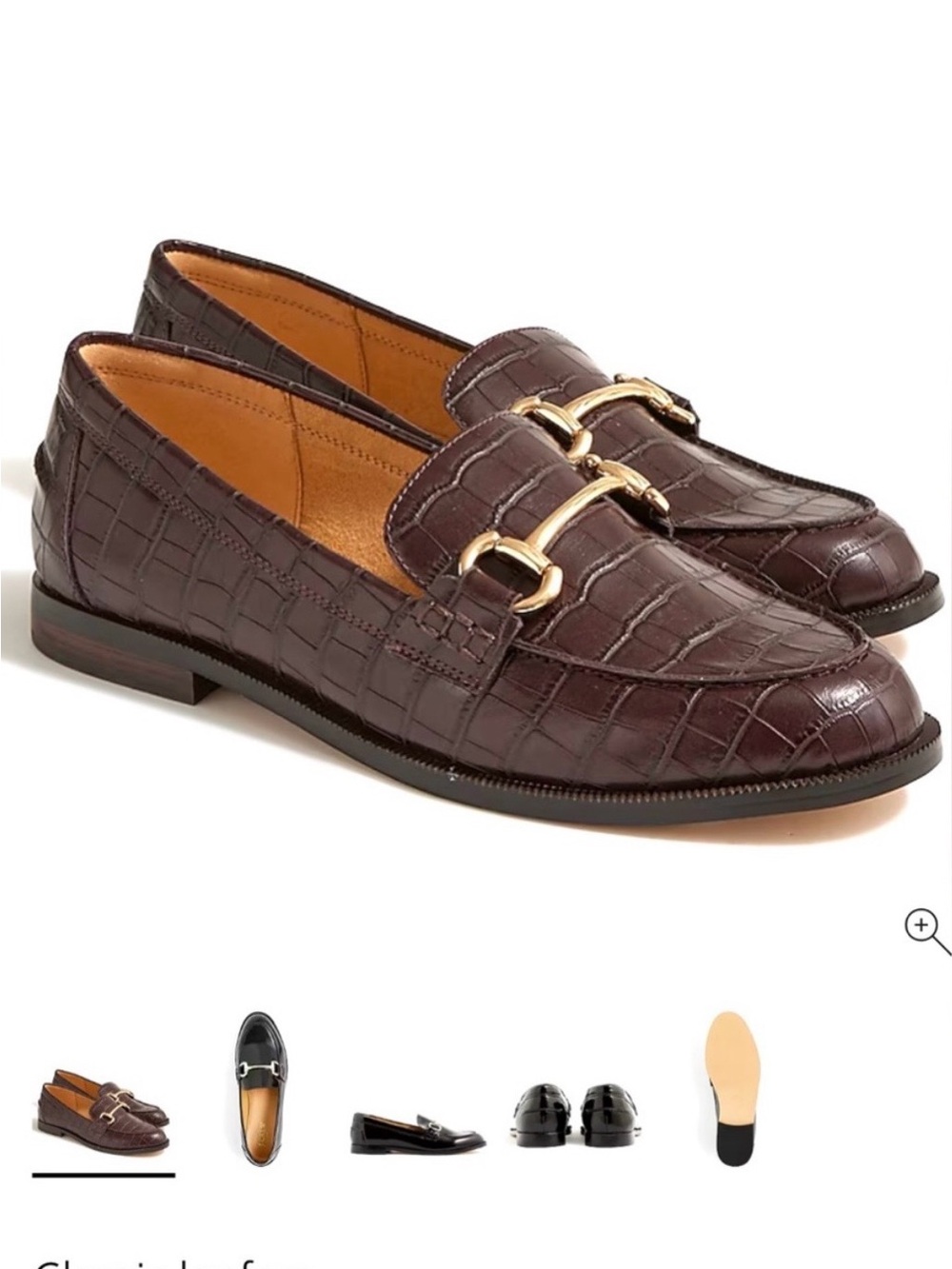 J. Crew Croc-Embossed Classic Loafers in Dark Brown with Gold Hardware
